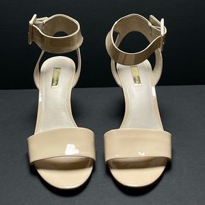 Louise et Cie 2" Wedge Tan Patent Leather Ankle Strap Sandal